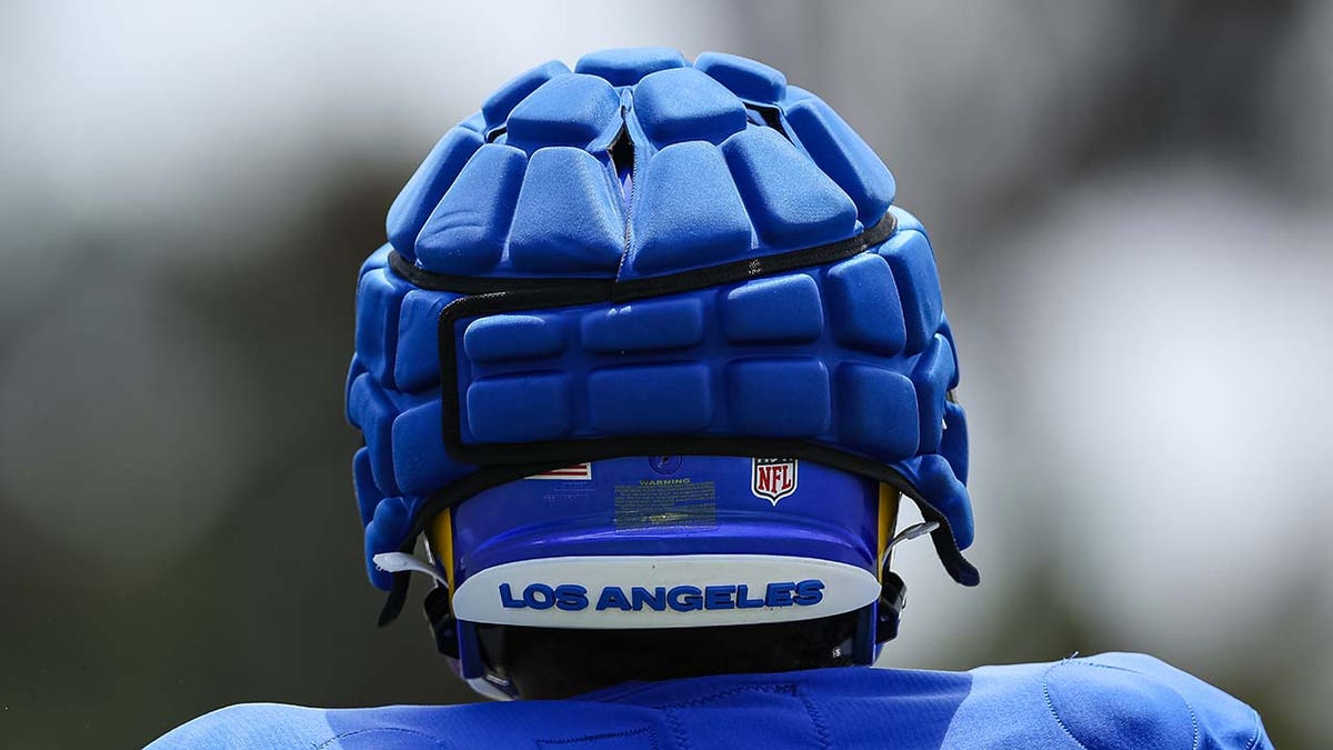 A view of the Guardian Cap worn by Roger Carter Jr., #49 of the Los Angeles Rams, during training camp at University of California Irvine on July 29, 2022, in Irvine, California.