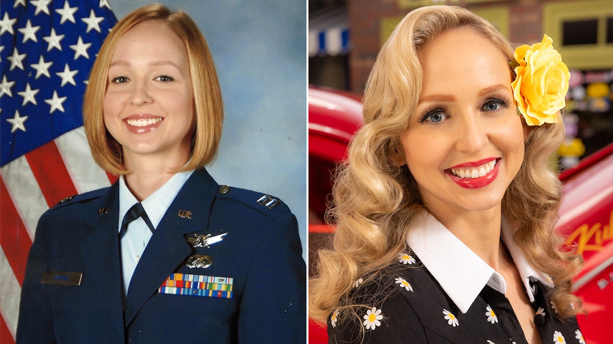 split side-by-side image of Sarah Lamp in uniform and dressed like a pinup model