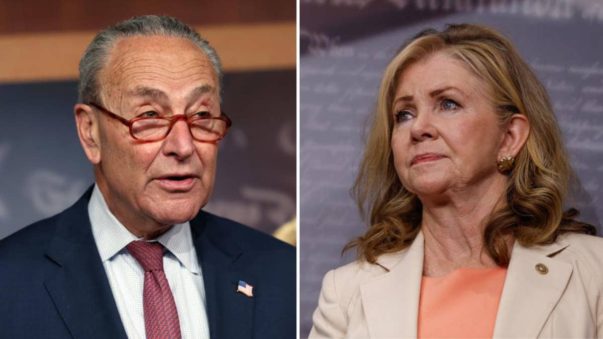 Sen. Marsha Blackburn, R-Tenn., blames Senate Majority Leader Chuck Schumer for a potential government shutdown on Sept. 3, 2023.