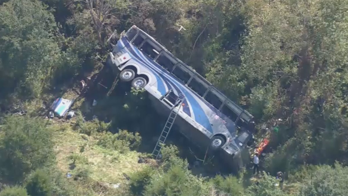 Bus seen overturned on side of interstate in New York