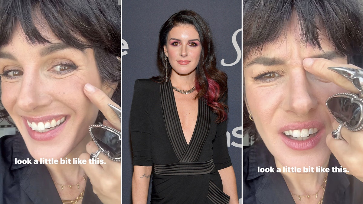 triple split photo - Shenae Grimes-Beech pointing at the lines on her face with a red carpet photo in the middle