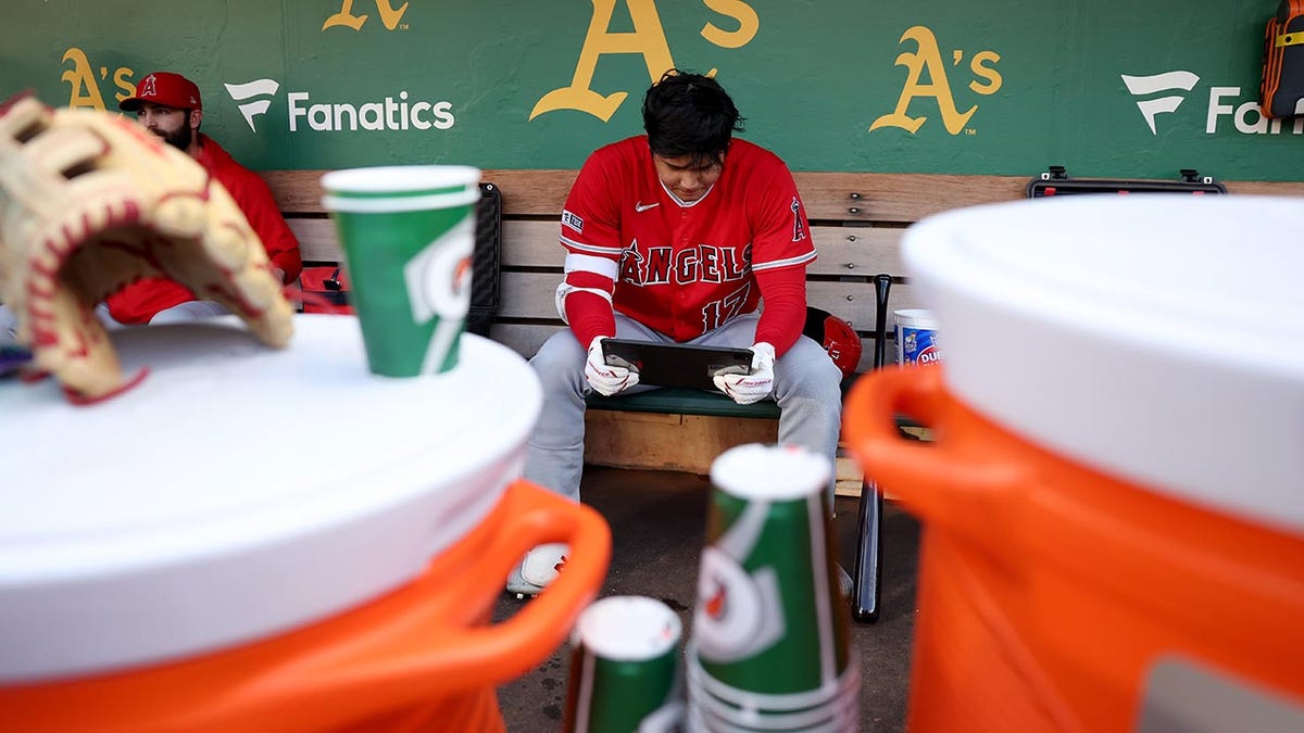 Shohei Ohtani in the dugout