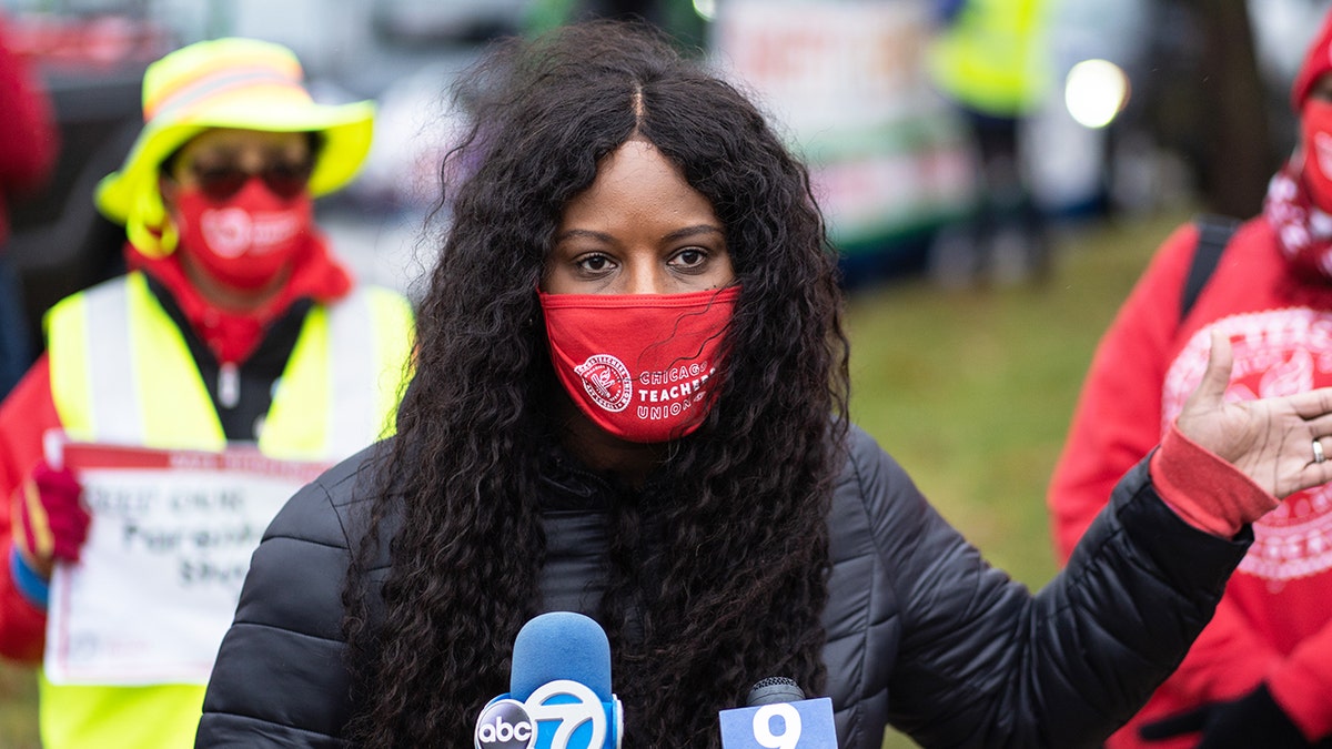 Stacy Davis Gates, Chicago Teachers Union president, at rally in mask