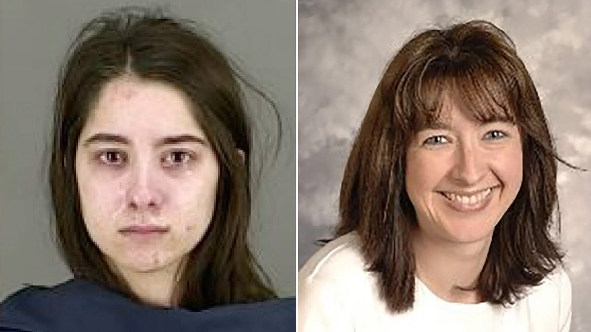 Sydney looking tearful in mugshot next to a photo of her mother smiling