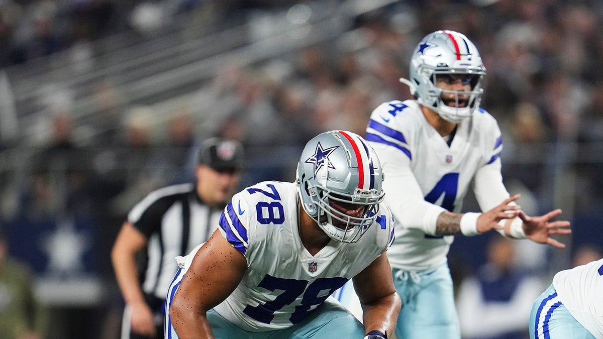 Dallas Cowboys offensive lineman Terence Steele (78) lines up for