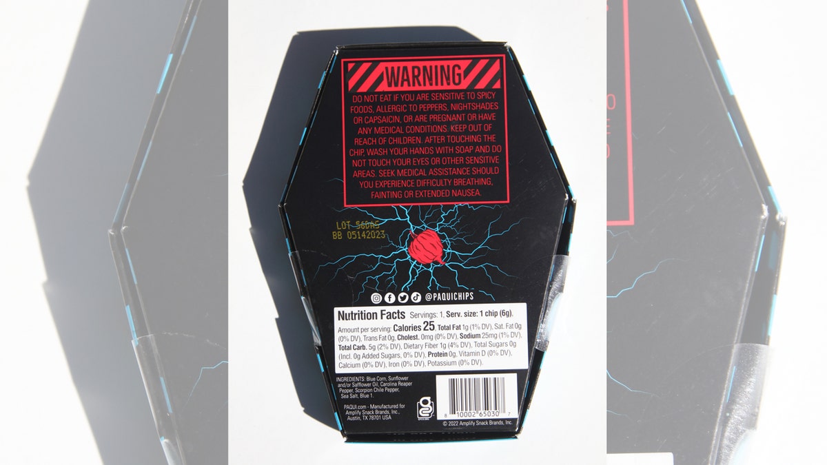 warning label on back of Paqui packaging