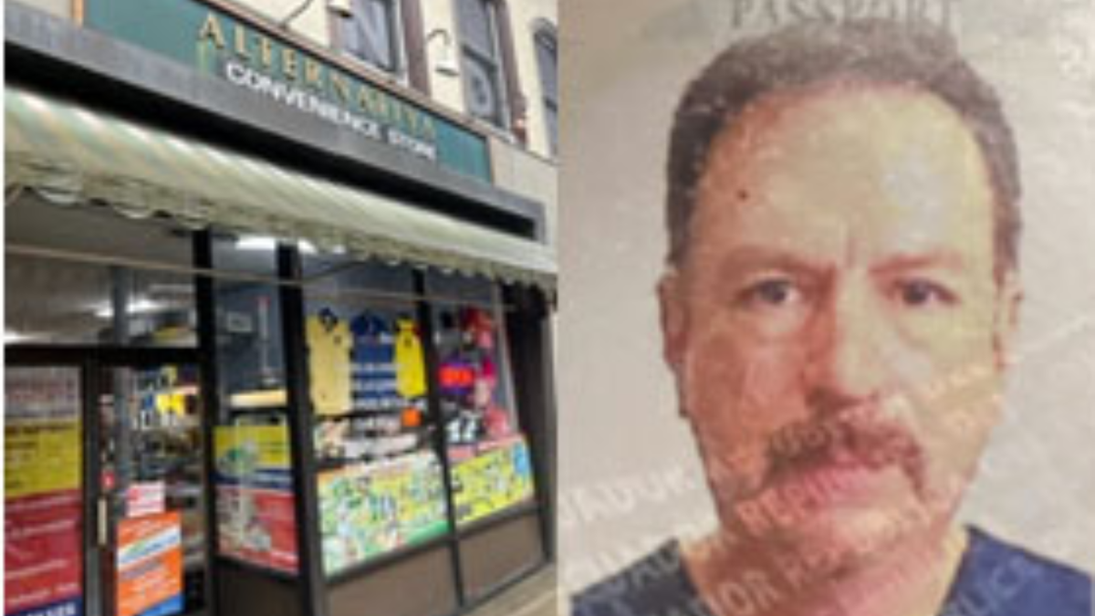 Picture of Alternativa Convenience Store (L) next to Juan Hermida Munoz (R) who shows no expression in a picture