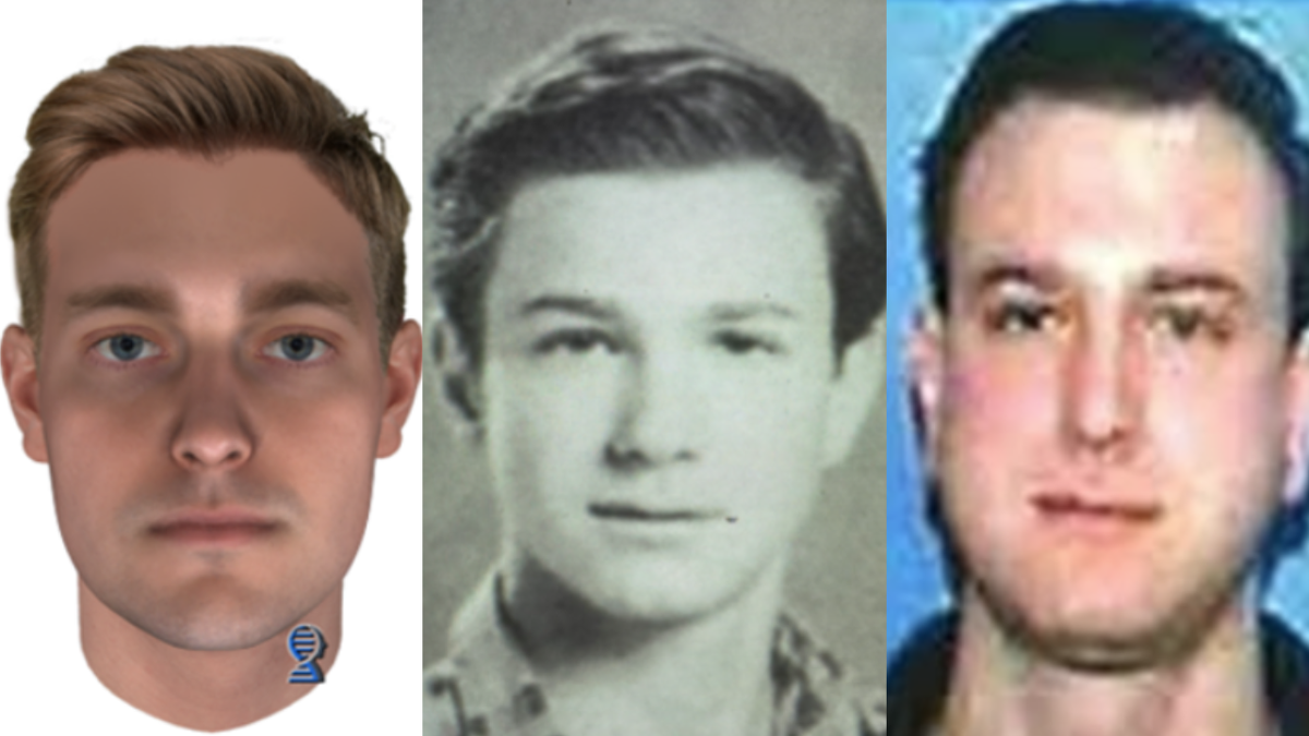 Sketch of suspect, picture of suspect from 1988, picture of suspect from 1998