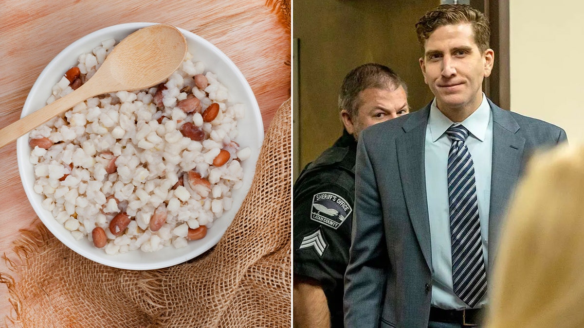 Split image of a bowl of vegan rice and beans and Idaho student murders suspect Bryan Kohberger smiling as he enters court