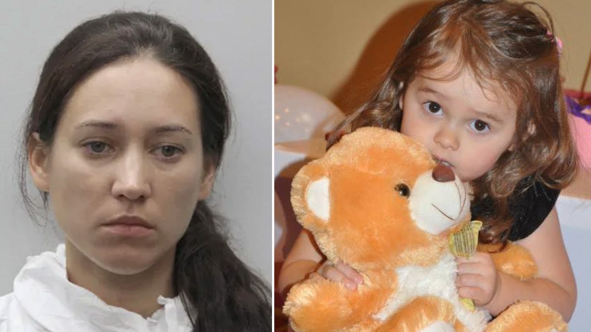 Woman looks downcast next to photo of little girl holding a teddy bear.