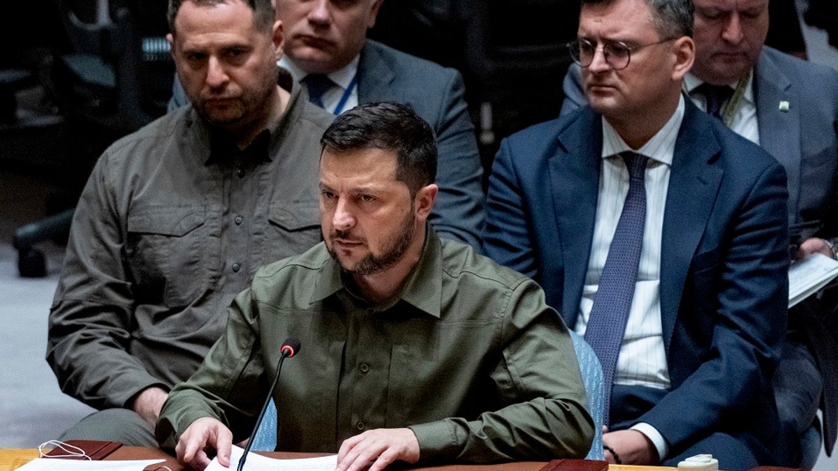 Ukrainian President Volodymyr Zelenskyy speaks at the U.N. Security Council about his country's war with Russia