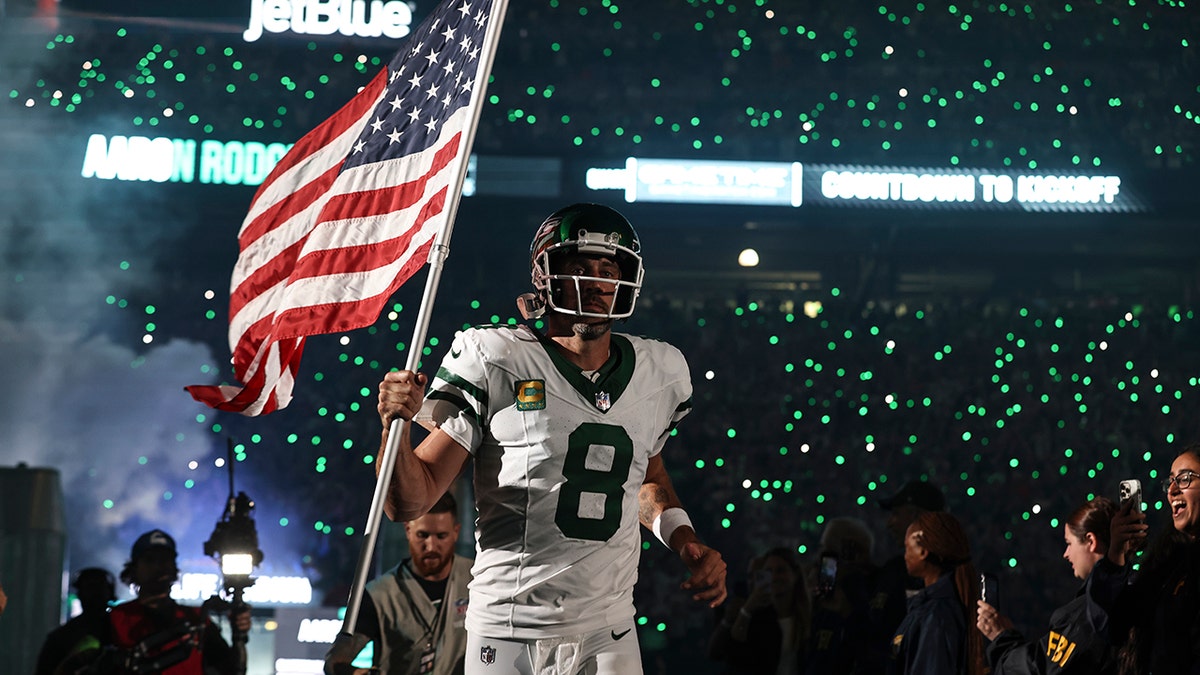 Aaron Rodgers, #8 of the New York Jets, takes the field prior to a game against the Buffalo Bills at MetLife Stadium on September 11, 2023, in East Rutherford, New Jersey. 