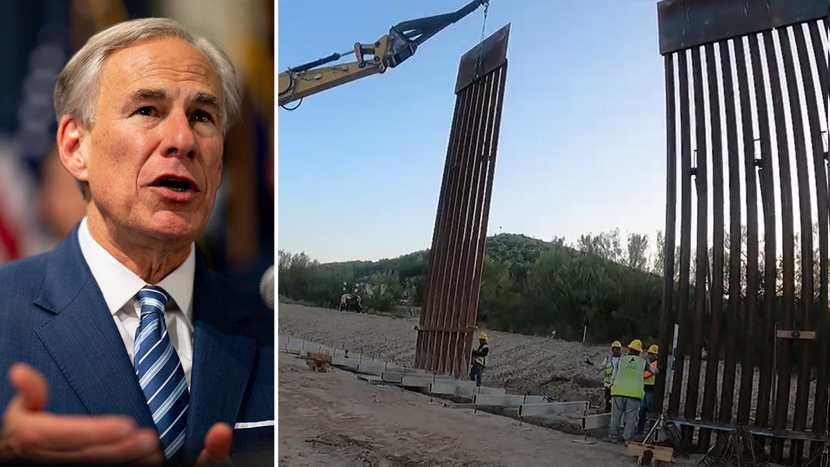 Texas Gov. Greg Abbott and an image of a border fence