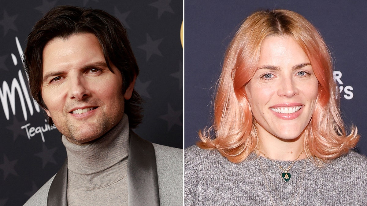 Adam Scott in a grey turtleneck and grey suit with black leather trim split Busy Phillips with light pink hair in a grey sweater