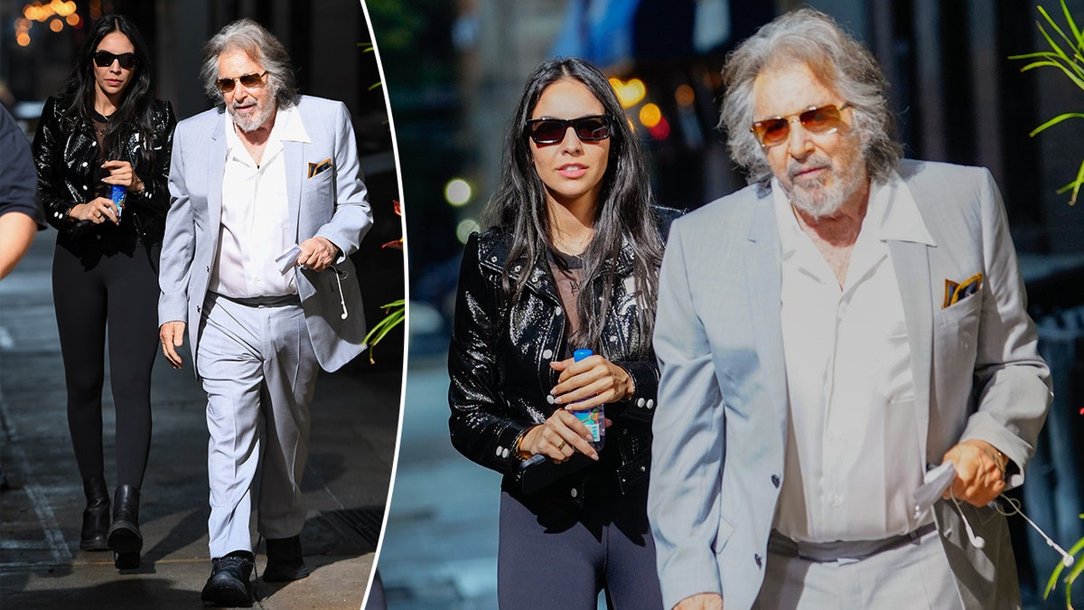 Noor Alfallah in giacca di pelle e leggings cammina dietro Al Pacino in un abito grigio chiaro/blu, una ripresa ravvicinata di loro che camminano insieme