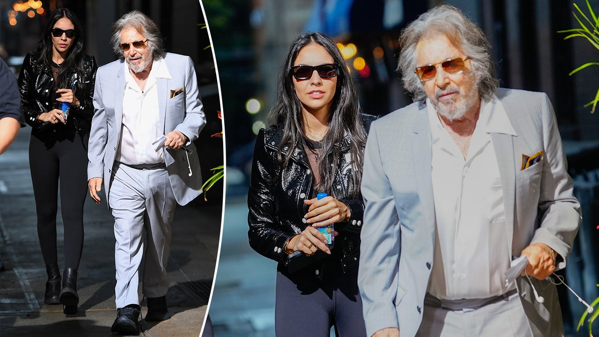 Noor Alfallah in a leather jacket and leggings walks behind Al Pacino in a light grey/blue suit split a closer shot of them walking together