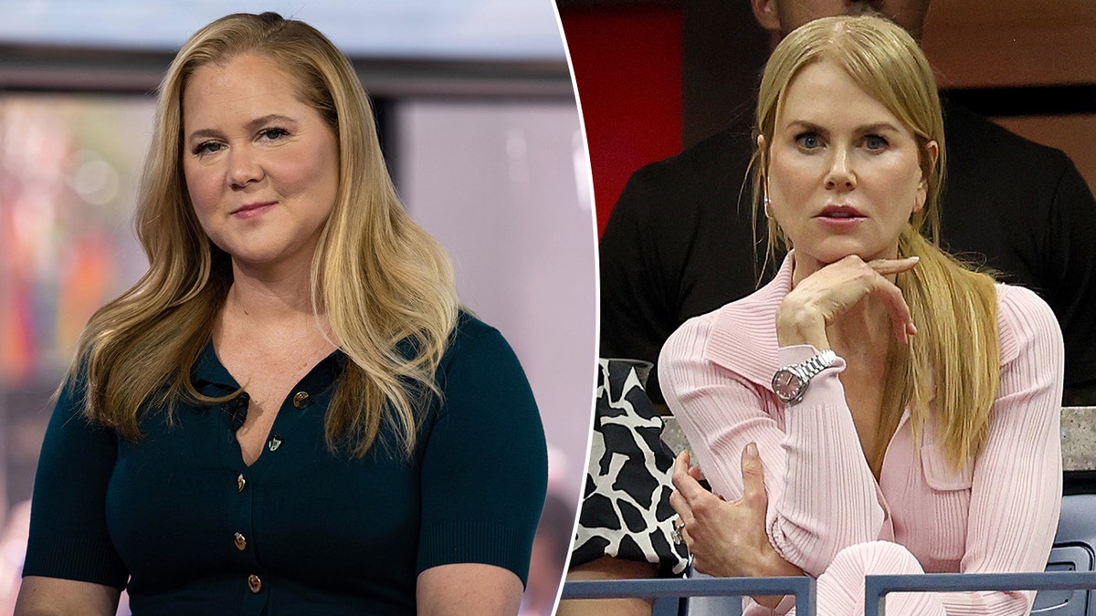 Amy Schumer in a black dress split Nicole Kidman in a pink dress watching the US Open