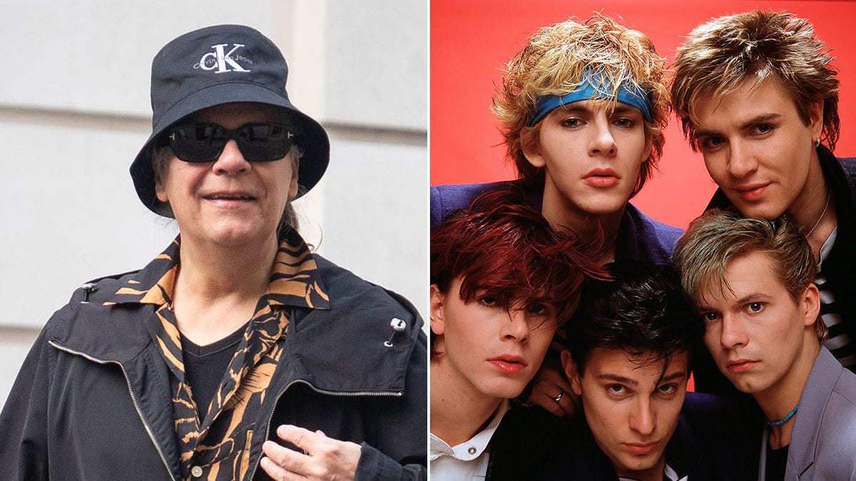 A split photo of Andy Taylor now and with Duran Duran in the 80s