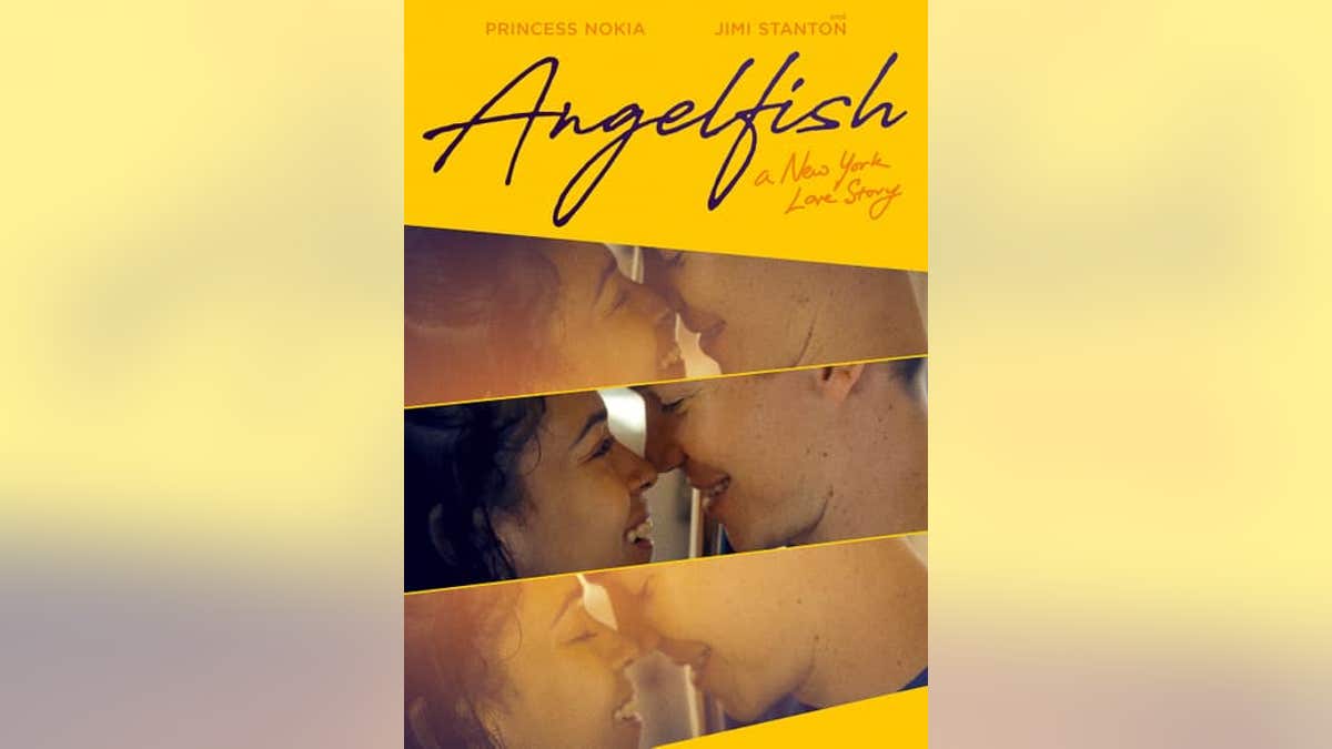 Movie poster for "Angelfish" with the two characters preparing to kiss