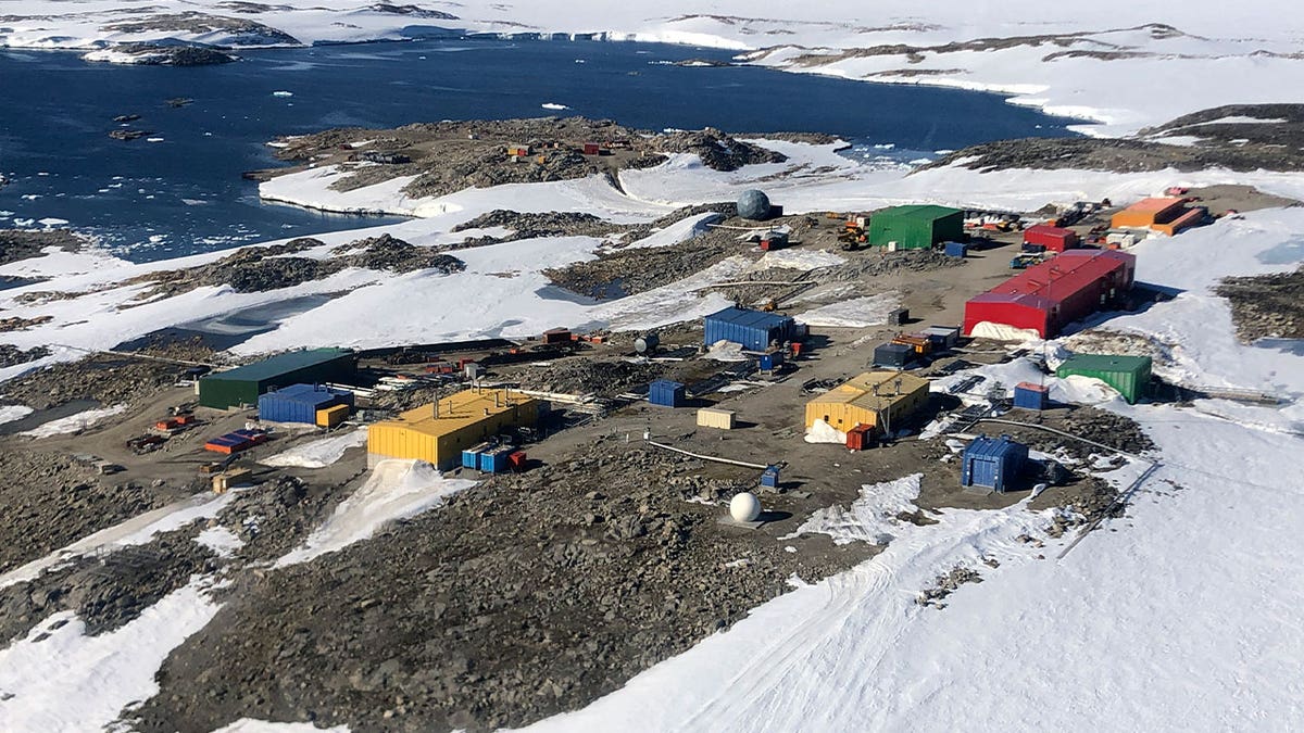 The Casey research station is seen from an aerial view.