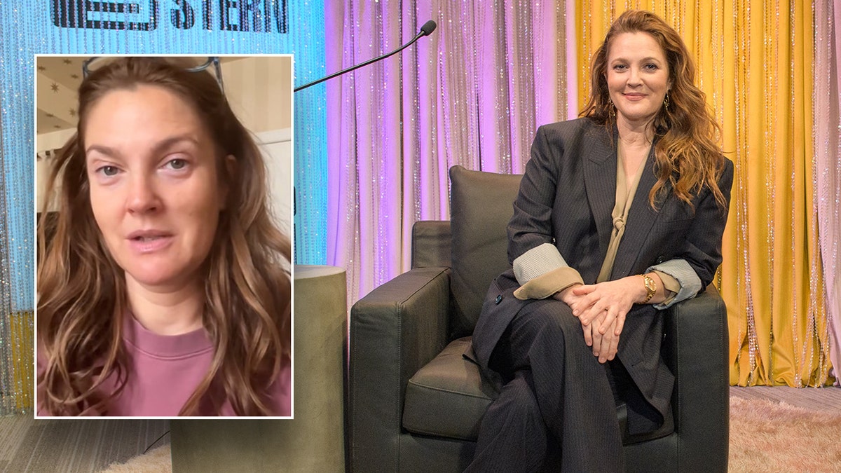 Drew Barrymore sitting on a chair inset a photo of her apology to Instagram after receiving backlash for resuming show