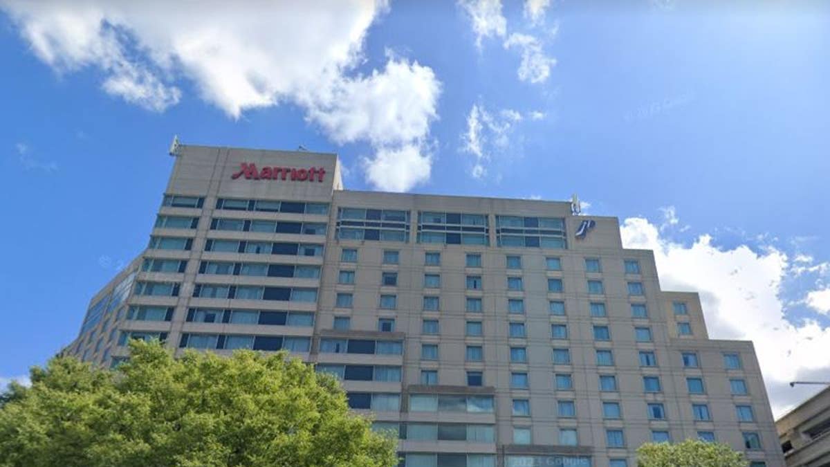 The front of the Philadelphia Airport Marriott hotel where a flight attendant was found dead Monday