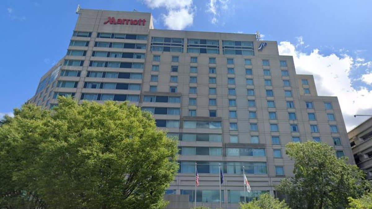 The front of the Philadelphia Airport Marriott hotel where a flight attendant was found dead Monday