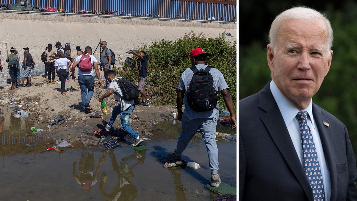 Migrants cross border side by side with President Biden
