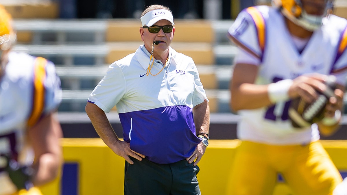 Brian Kelly looks during LSU's Spring Game