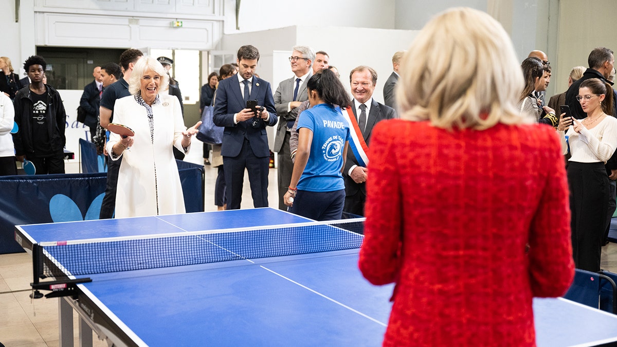 Camilla Parker-Bowles playing ping pong in France