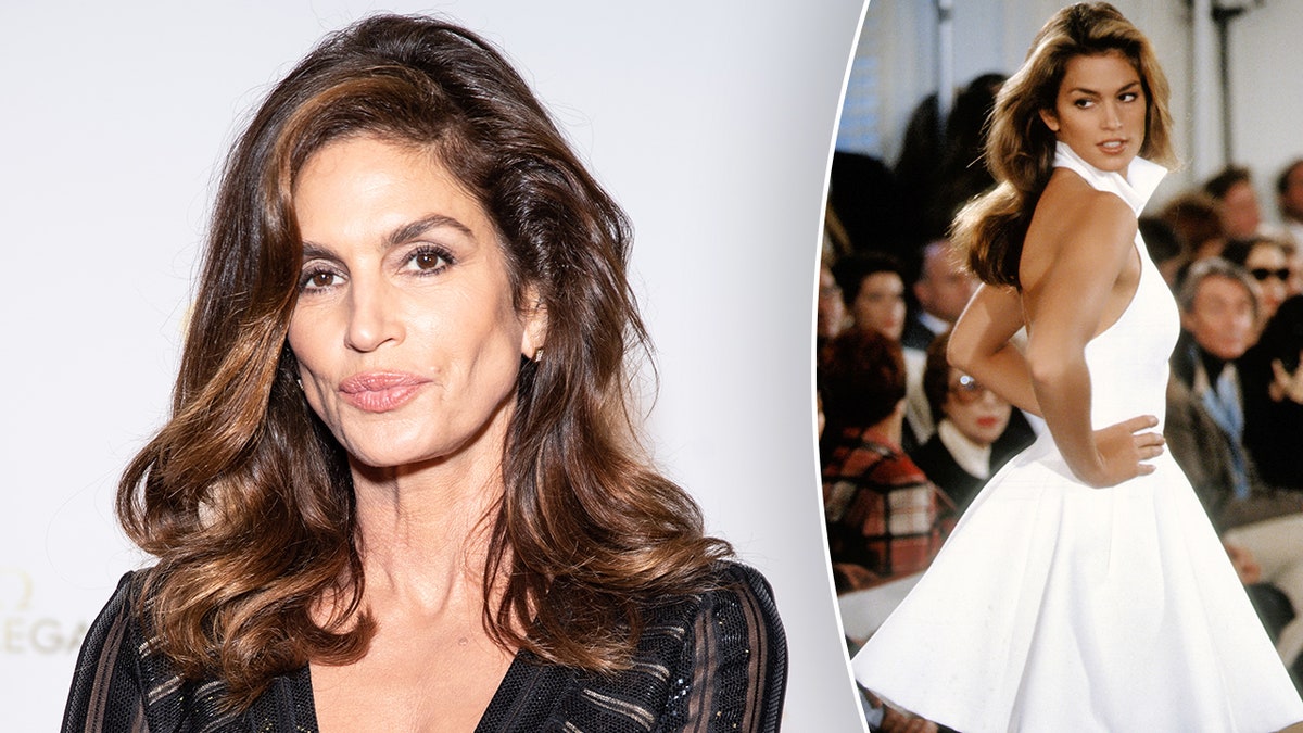 Cindy Crawford pouts in a black top of the carpet inset a photo of young Cindy Crawford on the runway in a white dress looking over her shoulder
