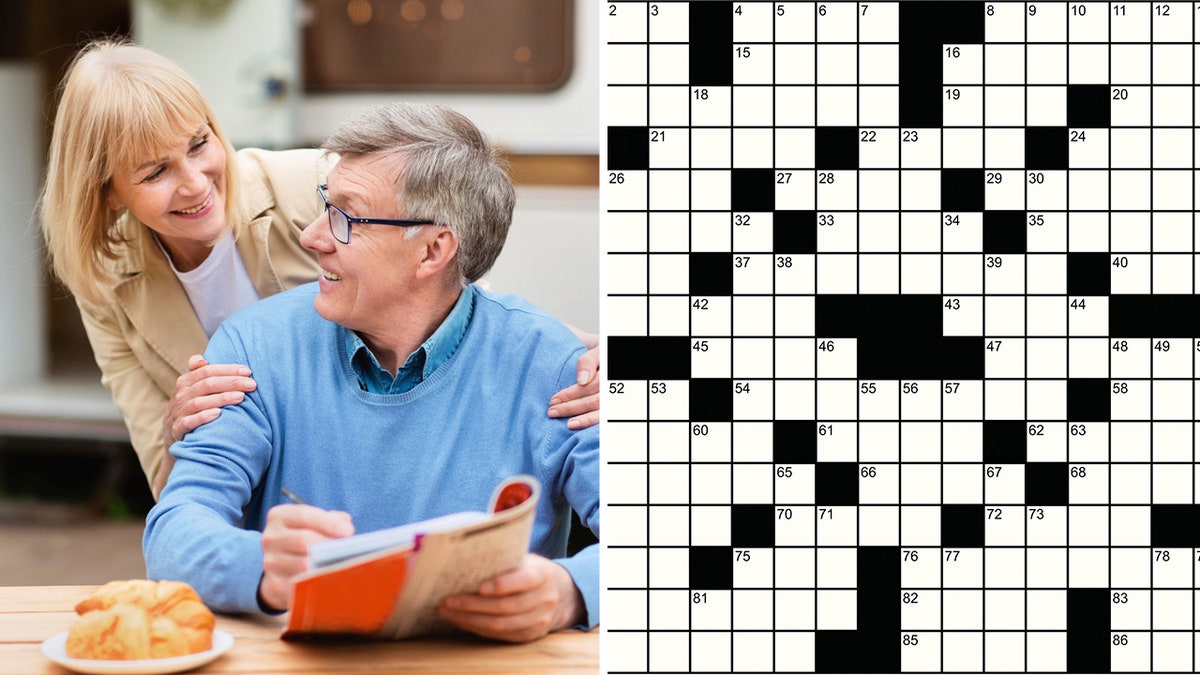 crossword puzzle split senior man and woman smiling
