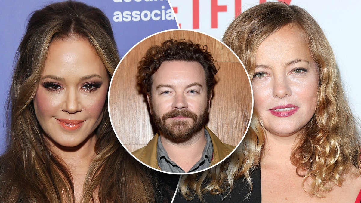 Leah Remini stares down the camera with a half-up-half-down hairstyle on the carpet split Bijou Phillips looks at the camera with a red lip on the camera inset a circular photo of Danny Masterson