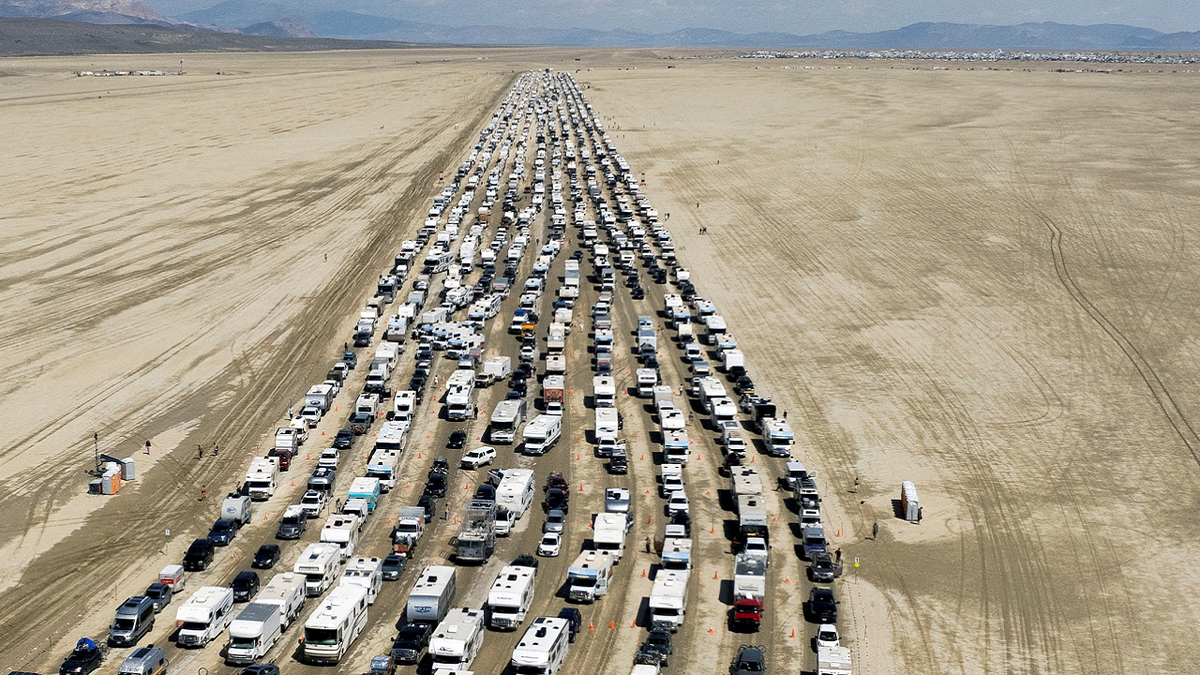 Burning Man attendees waiting to leave Nevada festival