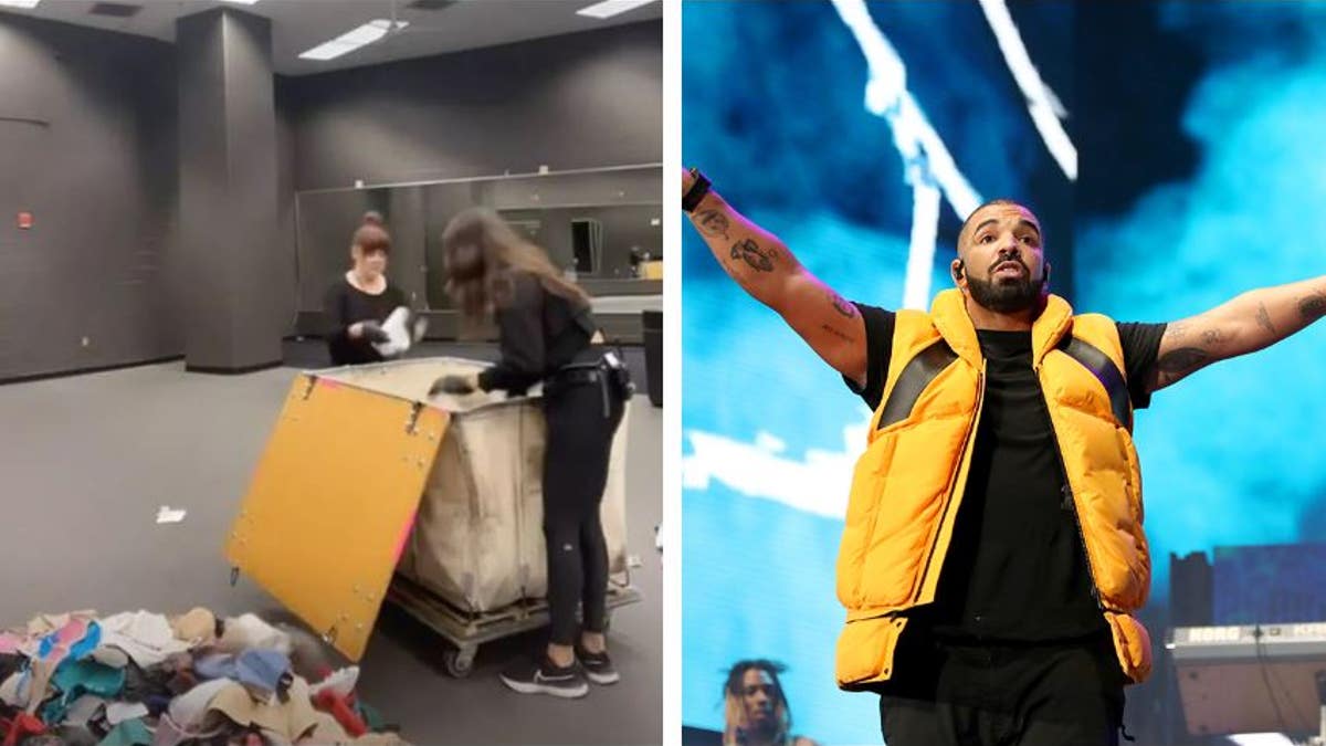 Drake team members sort through bras in a bin