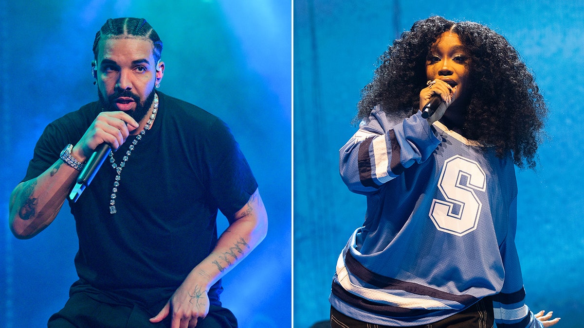 Drake in a black shirt raps on stage split SZA in a blue bomber jacket with an 'S' on it performs on stage