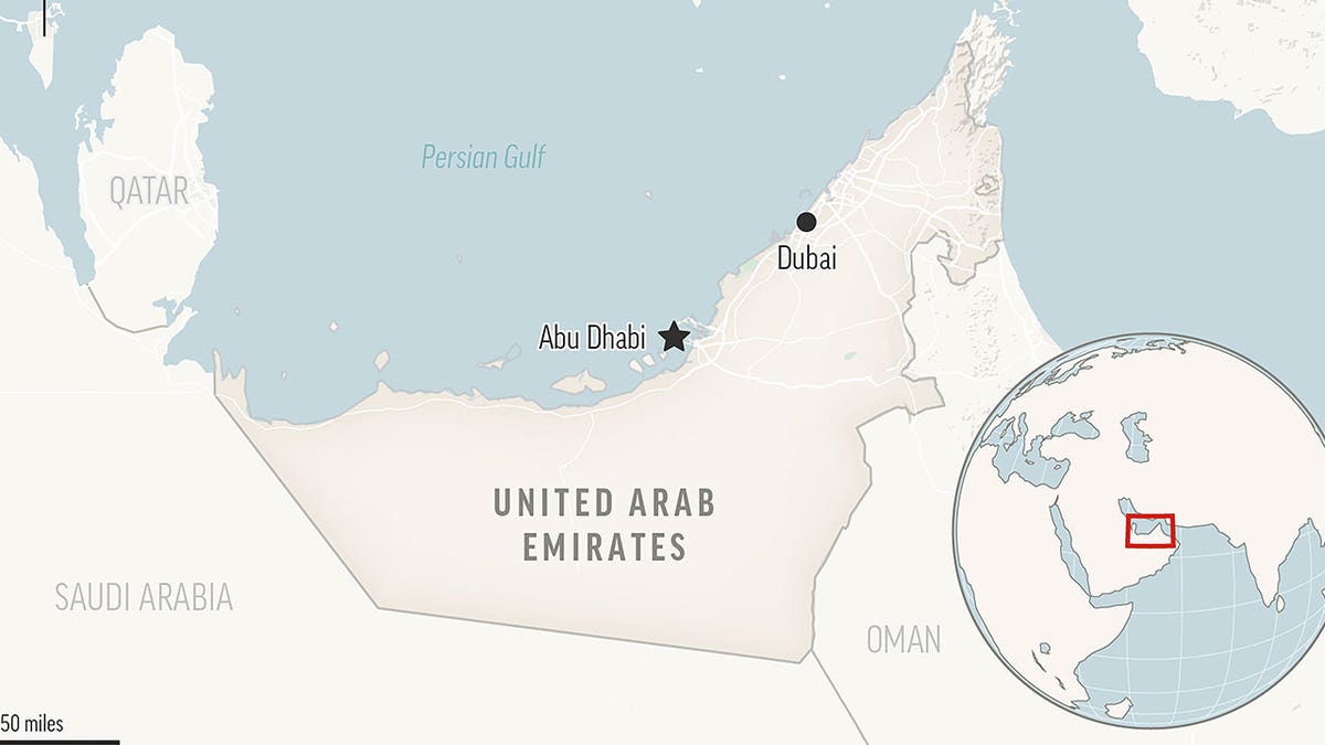 This locator map shows the United Arab Emirates with its capital Abu Dhabi. On Friday, authorities said two pilots in a helicopter crash went missing off the coast of the UAE. 