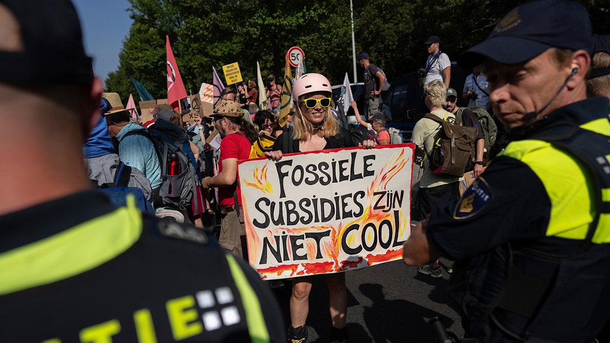 Protester holds sign that reads "Fossil Subsidies Are Not Cool" during protest that blocked Dutch highway