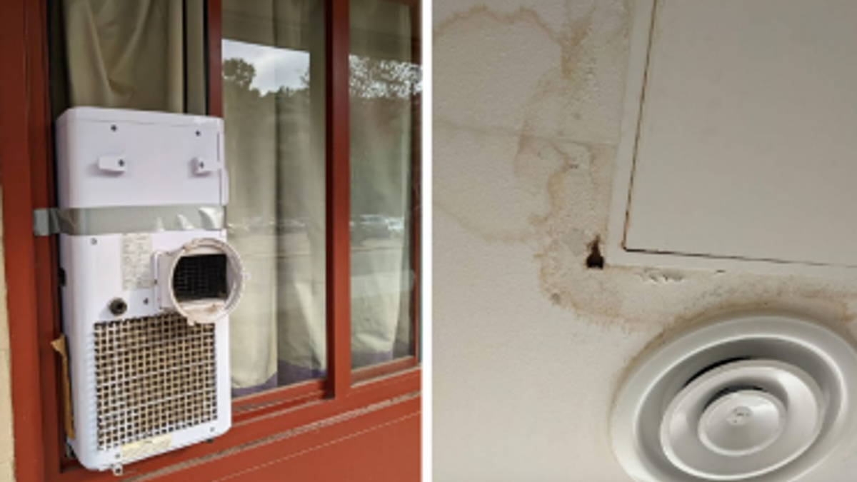 window a/c unit, left, with water damag to ceiling at right