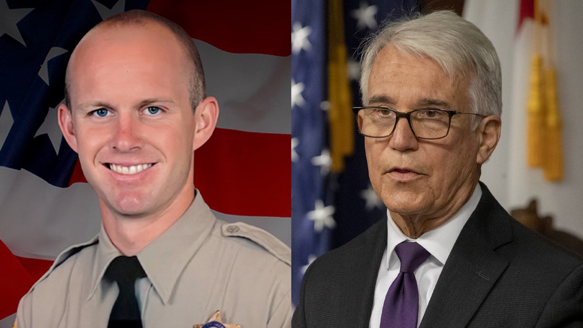 LA Sheriff's Deputy Ryan Clinkunbroomer seen smiling in a picture (L) and George Gascon seen speaking to reporters in a black suit and purple tie
