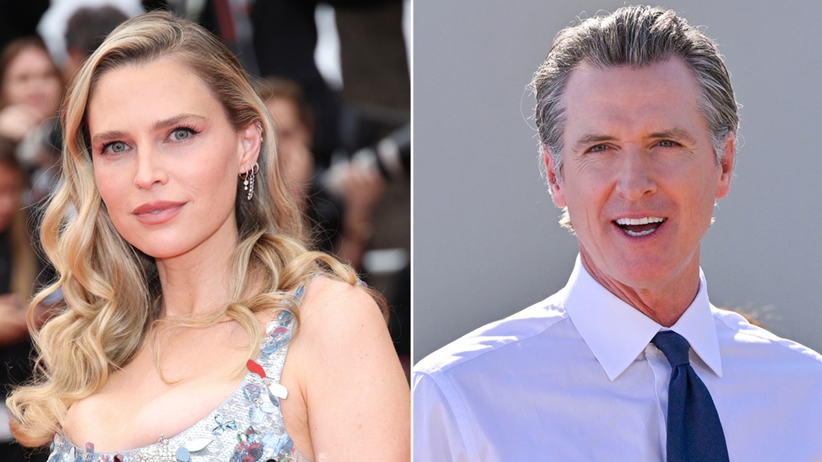 Sara Foster attends Cannes, California Governor Gavin Newsom speaks at a rally