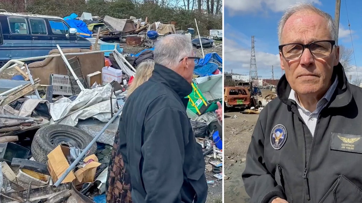 Washington Gov. Jay Inslee stands amid homeless encampment