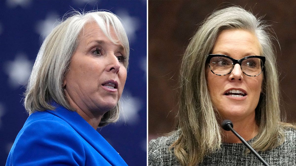 New Mexico Gov. Michelle Lujan Grisham, left, and Arizona Gov. Katie Hobbs, right