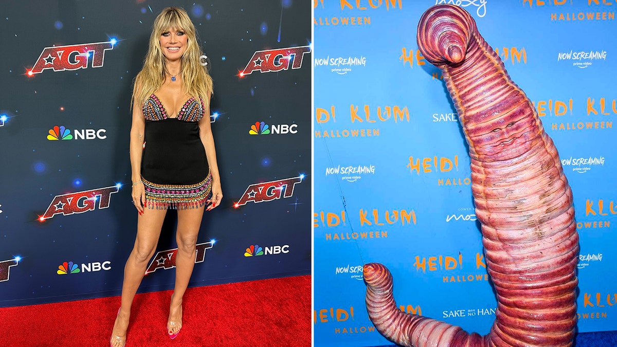 heidi klum on the AGT red carpet split with Heidi dressed as a worm for halloween