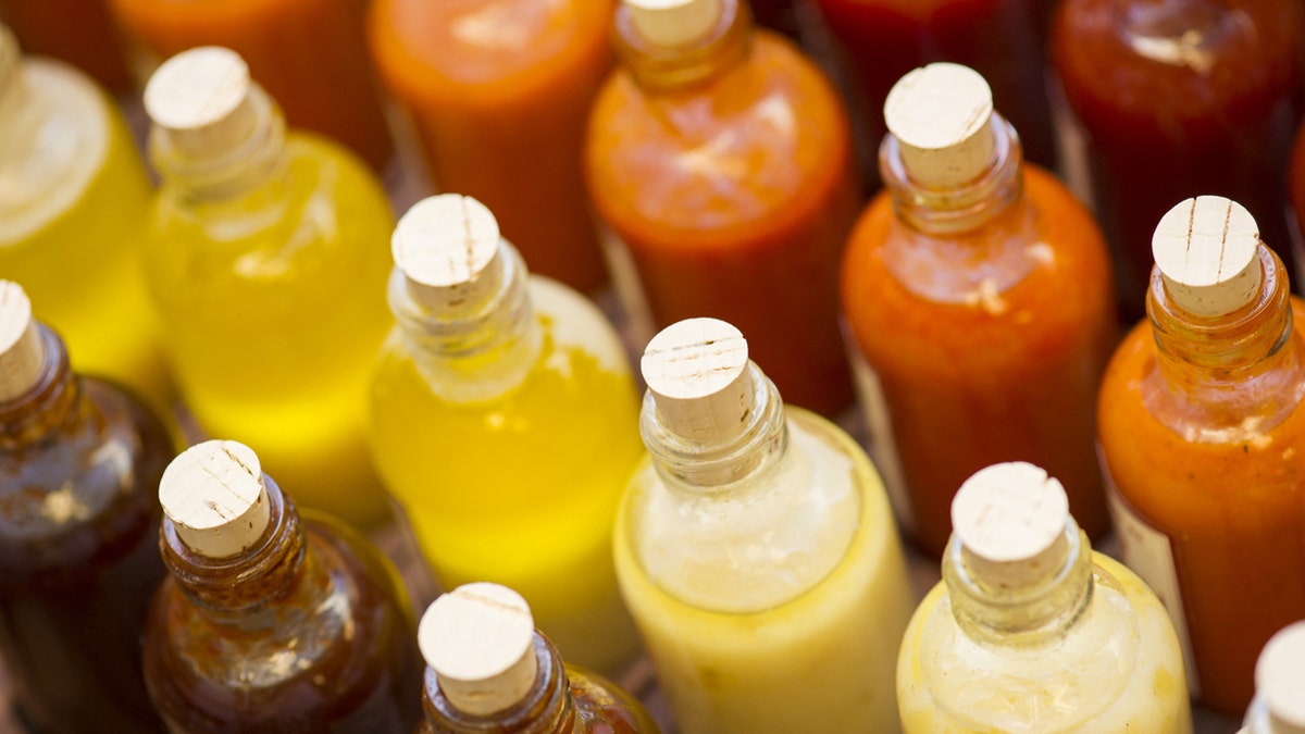 Colorful sauces lined up.