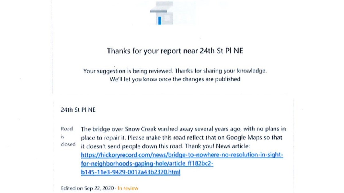 Google's response to a Maps user alerting the company to the collapsed Snow Creek Bridge