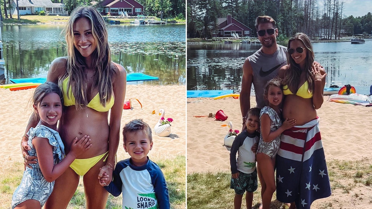 Jana Kramer in a yellow two piece bikini poses for a photo with her children Jolie and Jace split Jana Kramer, her kids and fiancé Allan Russell