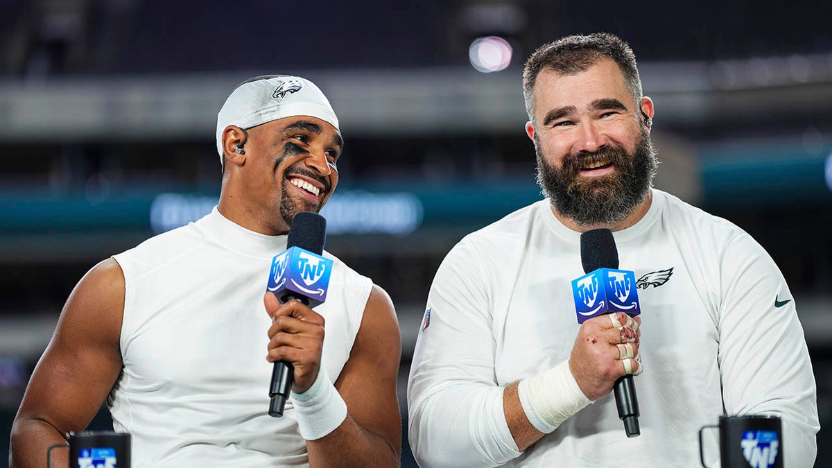 Jason Kelce and Jalen hurts being interviewed