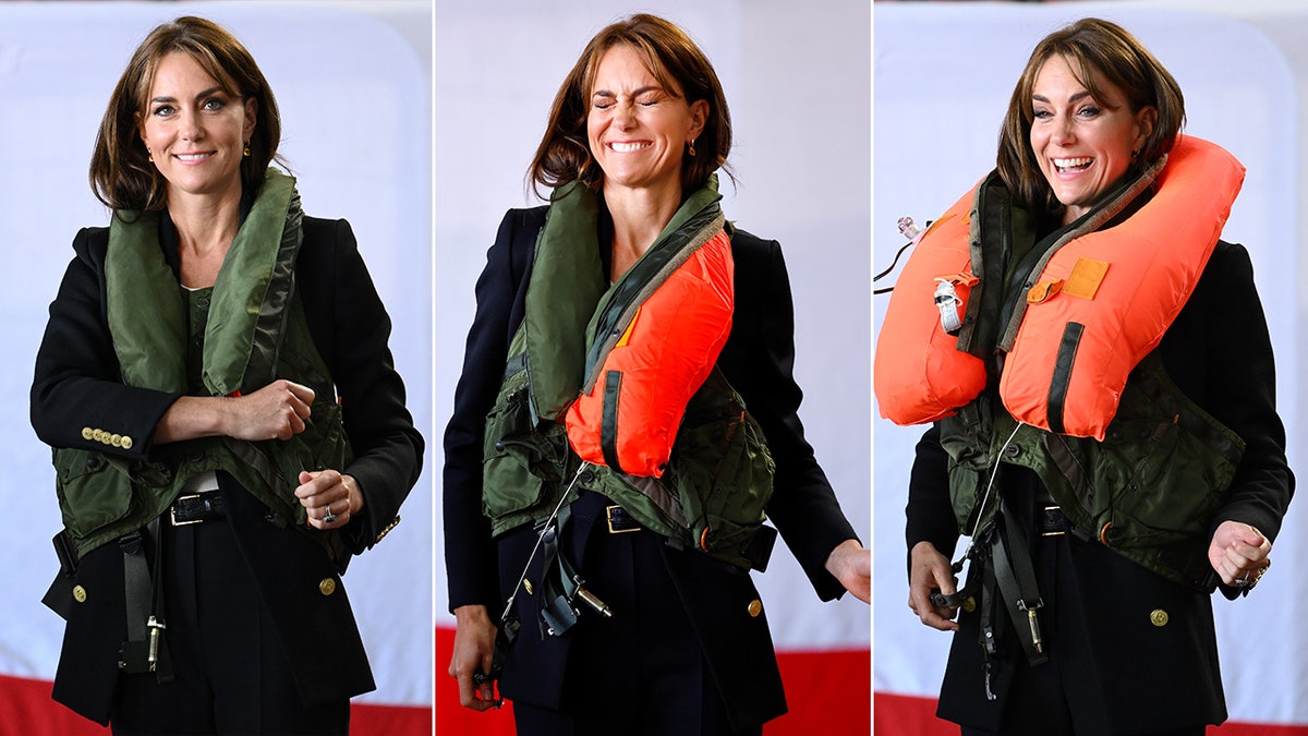 A series of photos showing Kate Middleton deploying a life vest from deflated, to partially inflated, to fully inflated