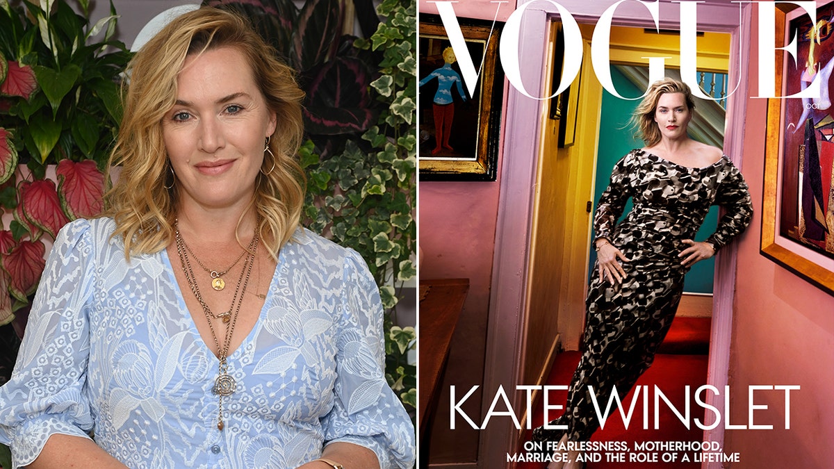 A split image of Kate WInslet smiling and posing for the cover of Vogue.